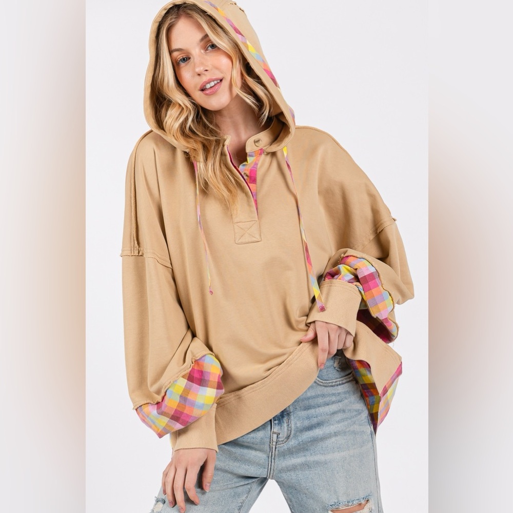 SAGE + FIG Full Size Plaid Print Washed Hoodie